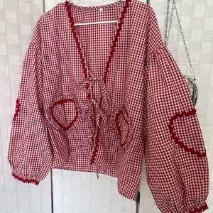 Plaid Tie Front Heart Top